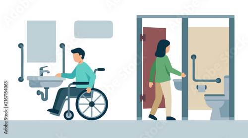Accessible Public Restroom Vector Illustration Featuring a Man in a Wheelchair at a Sink and a Woman Entering a Toilet Stall with Grab Bars, Highlighting Inclusive Design and Universal Access
