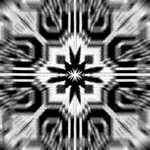Abstract grunge starburst tile pattern, monochrome distorted ethnic mandala texture, black and white noise glitch effect background for modern design