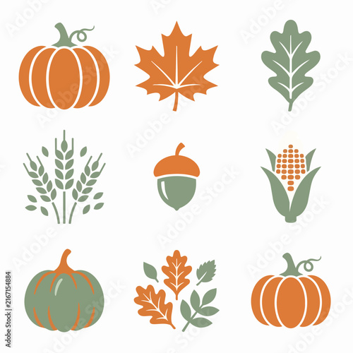 Thanksgiving Autumn Harvest Icons Set with Seasonal Vegetables and Foliage for Holiday Design