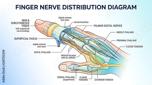 Human finger nerve distribution diagram for medical education
