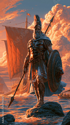 Legendary Greek Hero Odysseus, clad in ancient armor, stands triumphantly on a rocky outcrop in the sea, spear and lion-emblazoned shield ready, with his ancient warship fleet sailing under