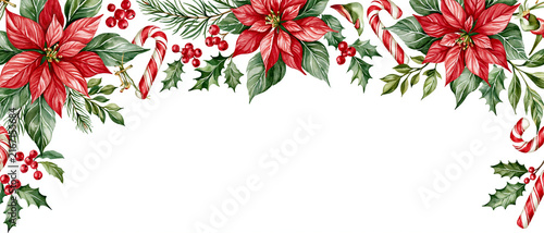 Watercolor Christmas border with red poinsettia flowers, green holly, red berries, pine branches, and candy canes. Festive top and corner frame on white background, ideal for holiday
