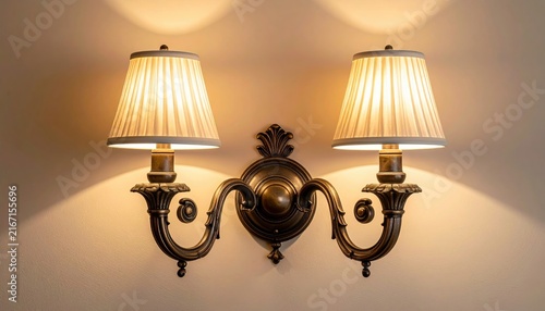 Vintage double-arm wall sconce with antique bronze finish, clean warm beige background, classic interior lighting concept
