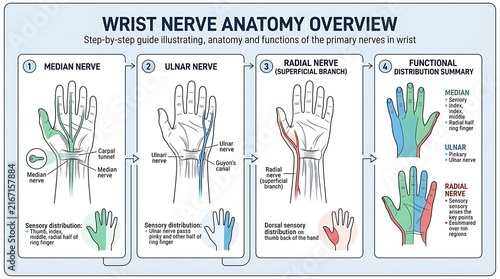 Medical infographic of wrist nerve anatomy and sensory distribution