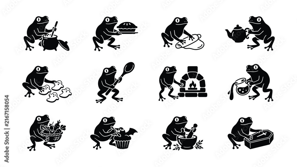 Fototapeta premium Cartoon frogs engaging in various cooking and baking activities creatively illustrated