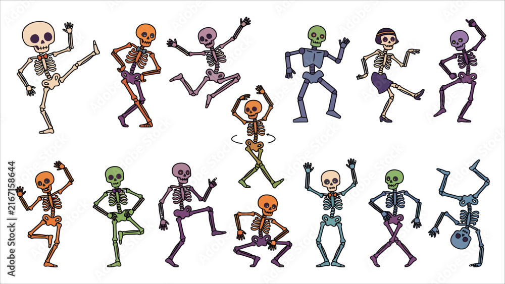 Obraz premium Set of funny dancing skeletons in various poses and colorful outfits for halloween party themes and festive seasonal decorations