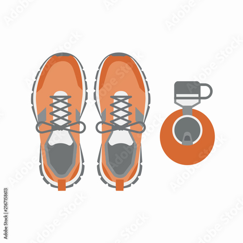 Flat Vector Illustration of Running Shoes and Water Bottle Symbolizing Fitness, Sports