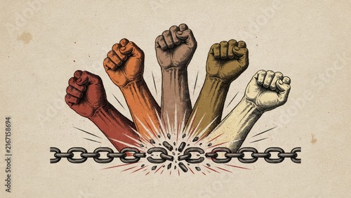 Group of raised fists raised up together for human rights freedom and social justice protest concept.