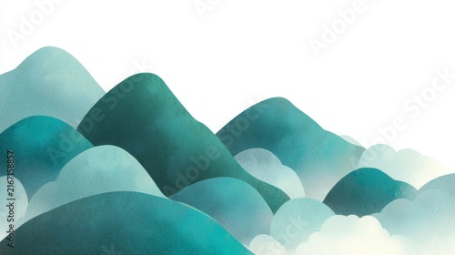 Minimal pastel puffy mountains, bubble-like slopes, soft blue-green palette, pure white background