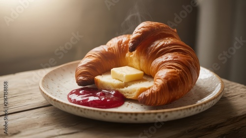 Warm Croissant with Butter and Jam