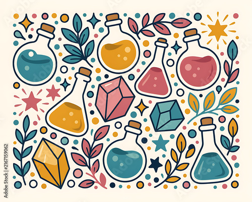 Assorted potion bottles with crystals and botanical elements in a whimsical pattern during daylight