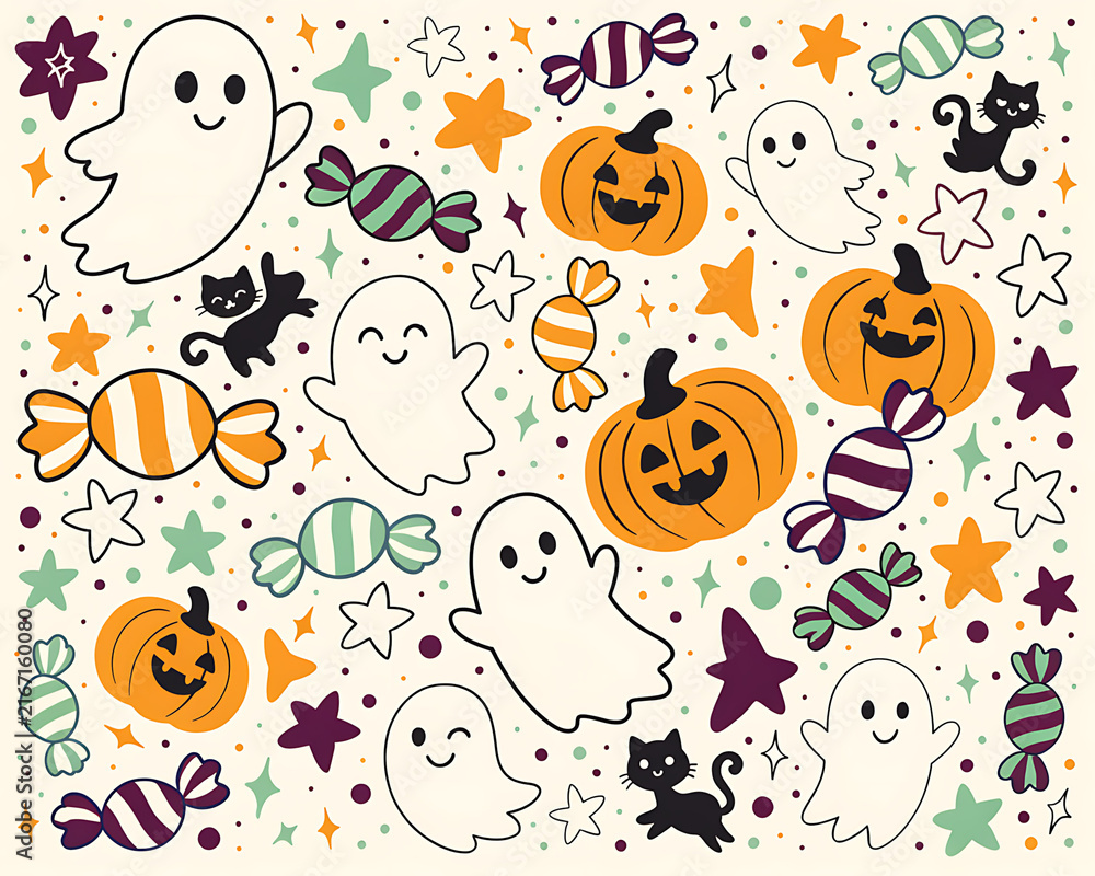 Fototapeta premium Cute Halloween characters and candy scattered across a festive pattern for seasonal celebration