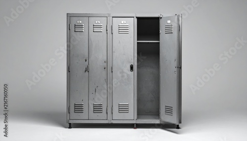 Old metal locker cabinet with open door, clean neutral studio background, school gym and storage concept
