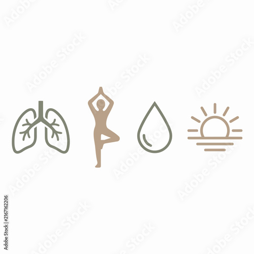 Wellness Icon Set with Lungs, Yoga Pose, Water Drop, and Sun Symbolizing Holistic Health