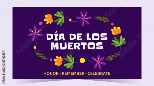Dia de los Muertos Mexican poster flyer featuring colorful calavera skull cempasuchil flower, Catrina, festive ornament and traditional cultural symbol vector illustration.