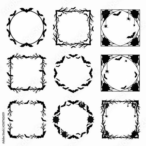 Halloween Decorative Frames with Bats and Spiderwebs, Vector Illustration Set for Holiday Design