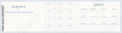 Calendar 2027 Start Sunday Vector. 12 months 2027 Minimal Blue Monthly Desk Calendar Template with Notes and Year Overview. Printable Design. English text.
