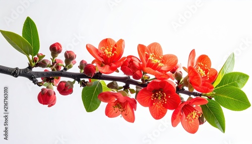 Extended coral branch with numerous red blossoms and fresh foliage, decorative nature element