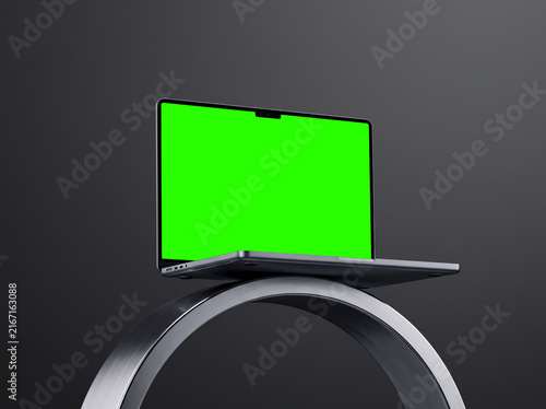Modern laptop mockup for digital design presentation resting on a sleek curved metal stand against a dark background.