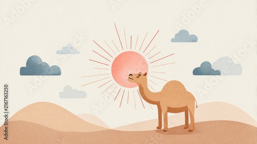 Pastel chubby camel under cute round sun, soft desert curves, childlike sky icons, pure white background