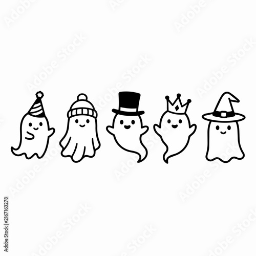 Halloween Ghost Characters with Festive Hats, Vector Illustration for Holiday Design Projects