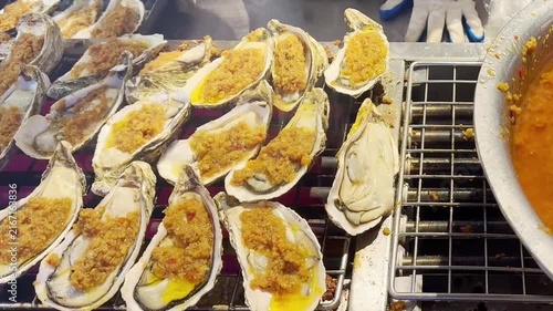 Grilled Oysters in Shell at Korean Street Food Market – Fresh Seafood Snack