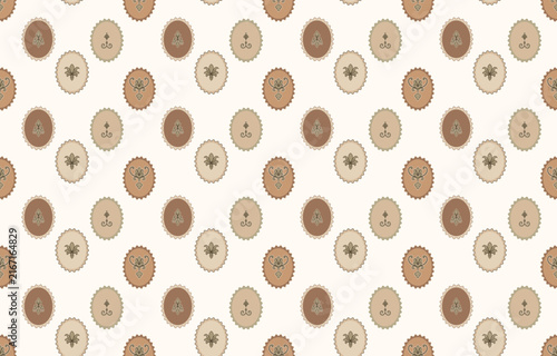 Seamless coin and floral pattern; suitable for wallpaper or fabric designs.