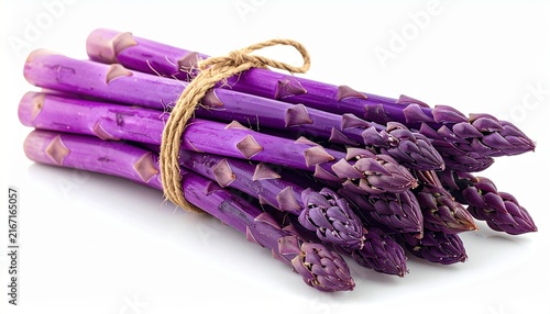 Purple asparagus bundled with natural twine, clean white background, healthy food product photography, detailed fresh texture