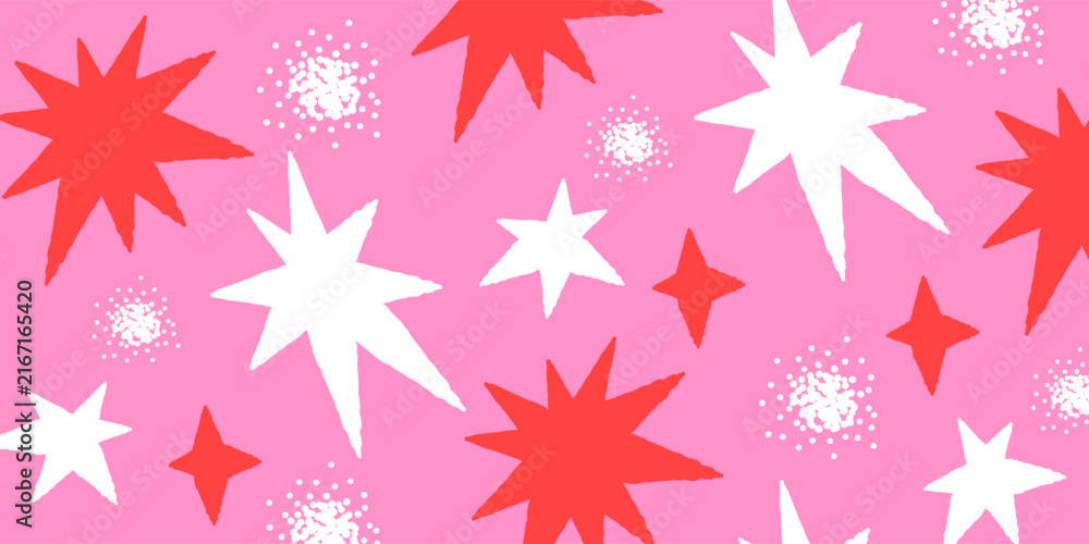 Fototapeta premium Modern bright Christmas design with hand drawn doodle stars and lights pattern for seasonal greetings, packaging, sales, print and ads. Holiday Christmas background, banner, card, poster, cover