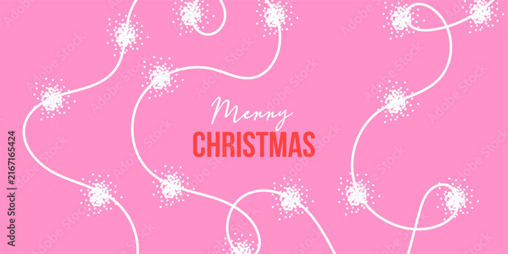 Fototapeta premium Holiday Christmas banner, card, poster, cover, background. Modern bright Christmas design with hand drawn doodle sparkling lights for seasonal greetings, sales, printing and advertising.