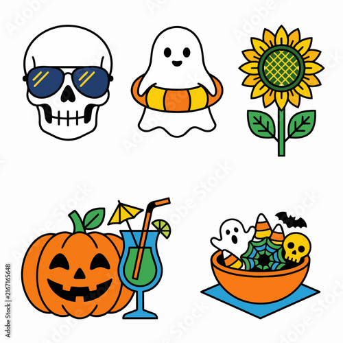 Halloween Summer Vacation Vector Icons with Skull, Ghost, and Pumpkin, Seasonal Design