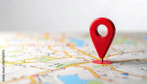 Red map push pin placed on a paper street map, clean white studio background, navigation and location concept