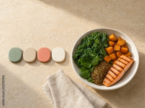 Balanced Lunch Bowl Beside Blank Meal Planning Tokens for Wellness Design