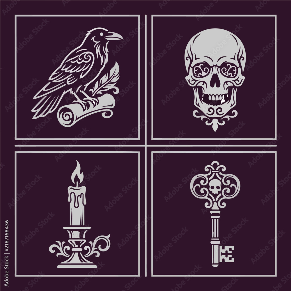 Naklejka premium Halloween Gothic Icon Set with Raven, Skull, Candle, and Key Symbolizing Mystery, Dark Fantasy and Occult Design Elements
