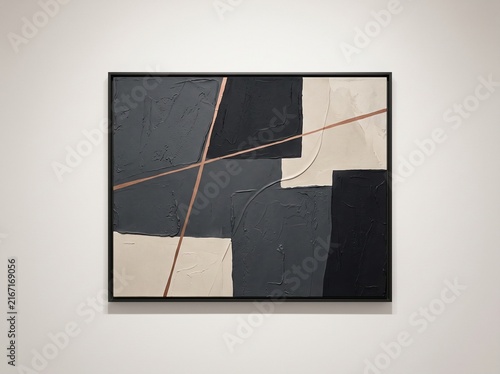 Modern abstract geometric art composition with bold black and neutral tones