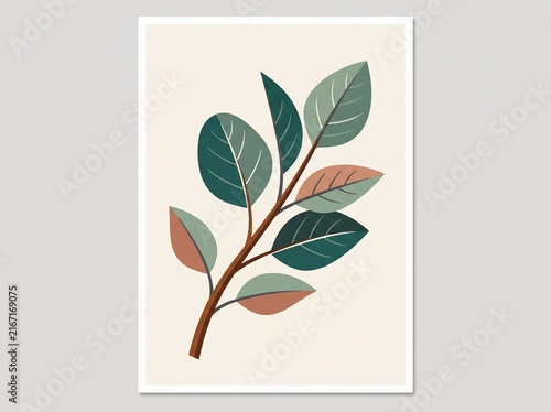 Minimalist watercolor branch with green leaves and subtle autumn tones