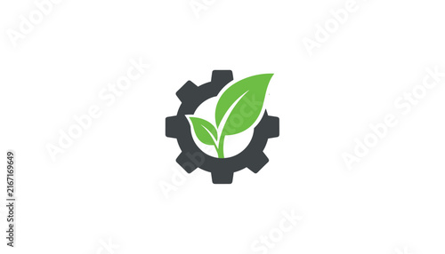 Green leaf and gear icon symbolise ecological technology, sustainable industry, and environmental innovation.
