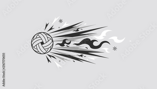 Dynamic vector illustration of a volleyball flying at high speed with fire and smoke trails behind it.