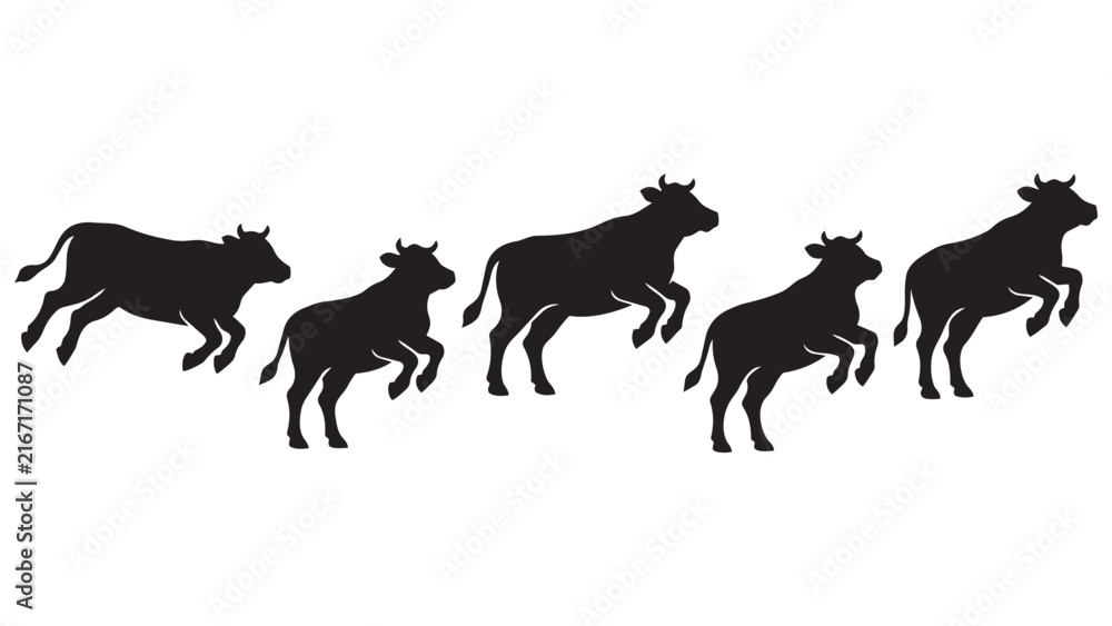 Fototapeta premium Black Silhouette Cow and Bull Running Jumping Motion Sequence Vector Illustration for Animation Design