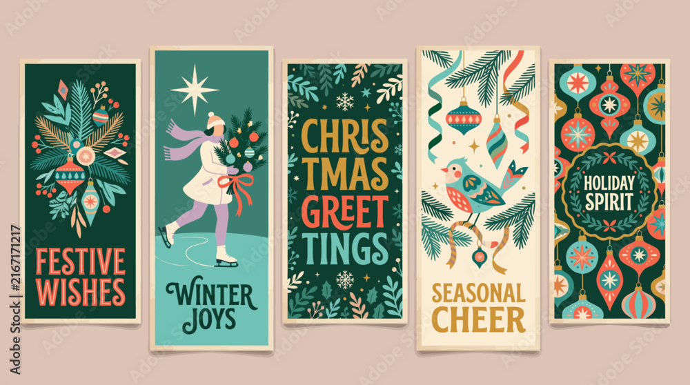 Fototapeta premium Vintage Christmas greeting card vertical banner template set with ice skater and bird.