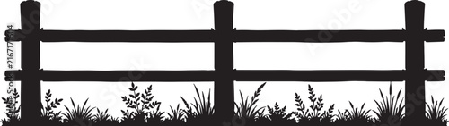 Black and white wooden rail fence silhouette with grass and plants below