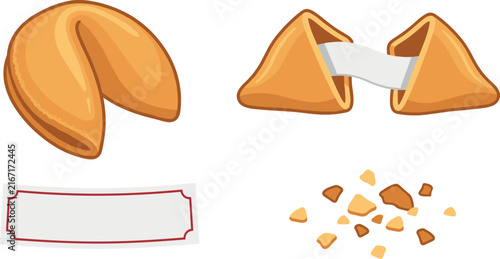 Konstfotografi Fortune Cookies Set with Blank Paper Slip and Scattered Crumbs