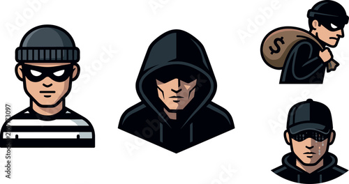 Foto Hooded Figures Icons Set with Money Bag and Mask Design Featuring Criminal