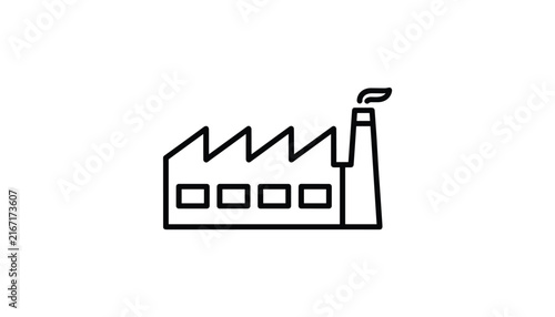 Black line icon representing an industrial factory building with a smoking chimney, set on a plain white background.