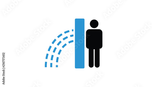 Safety and protection concept shown by a stick figure standing safely behind a blue barrier that shields from water spray.