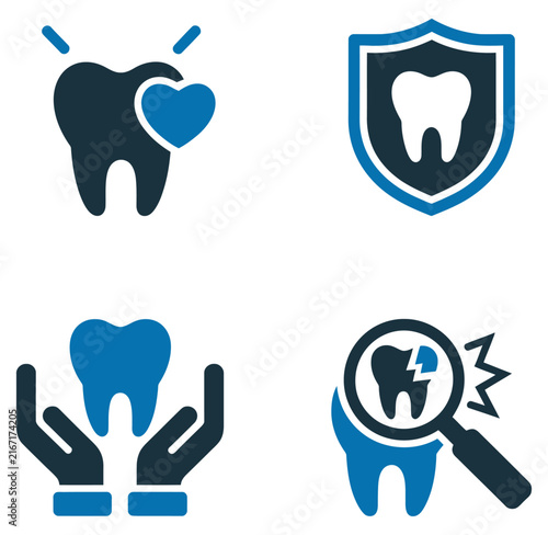 Set of four blue and dark gray dental care and health vector icons showing protection