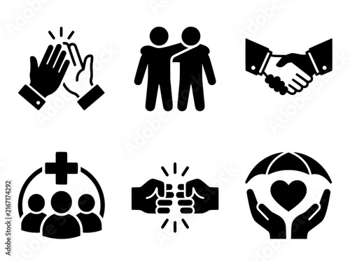 Friendship and teamwork icon set, partnership and community support symbols, 6 black vector icons for business collaboration