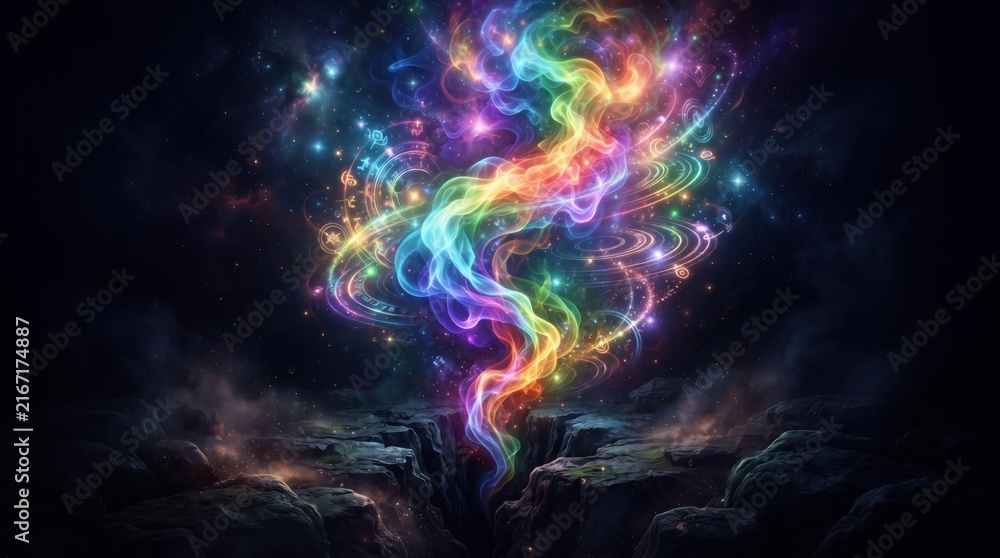 Naklejka premium Colorful smoke plume rising from dark sky with vibrant hues