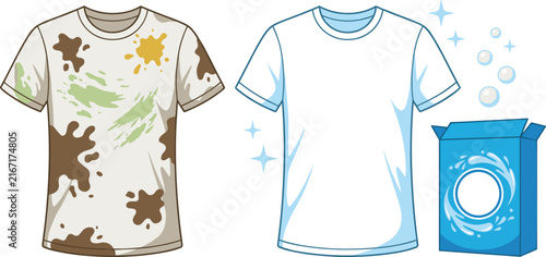 T-Shirts Before and After Washing, with Detergent Box Featuring T-Shirt