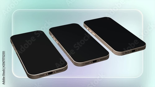 Isometric smartphone mockup group rests on frosted platform. Parallel mockup alignment reveals slim metallic body frame details. Phone mockup serves as great concept for digital service presentation.